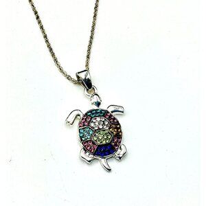 Turtle Pendant Necklace With Colorful Rhinestones On Silver Tone Chain